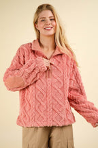 VERY J Fuzzy Fleece Half Zip Cable Pattern Sweatshirt - Delanoir