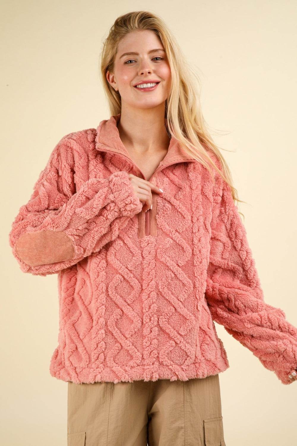 VERY J Fuzzy Fleece Half Zip Cable Pattern Sweatshirt - Delanoir