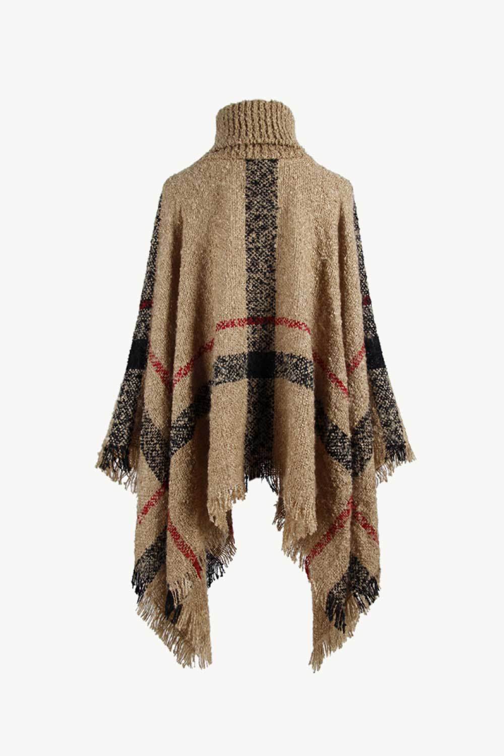 Plaid Turtleneck Raw Hem Poncho - Delanoir
