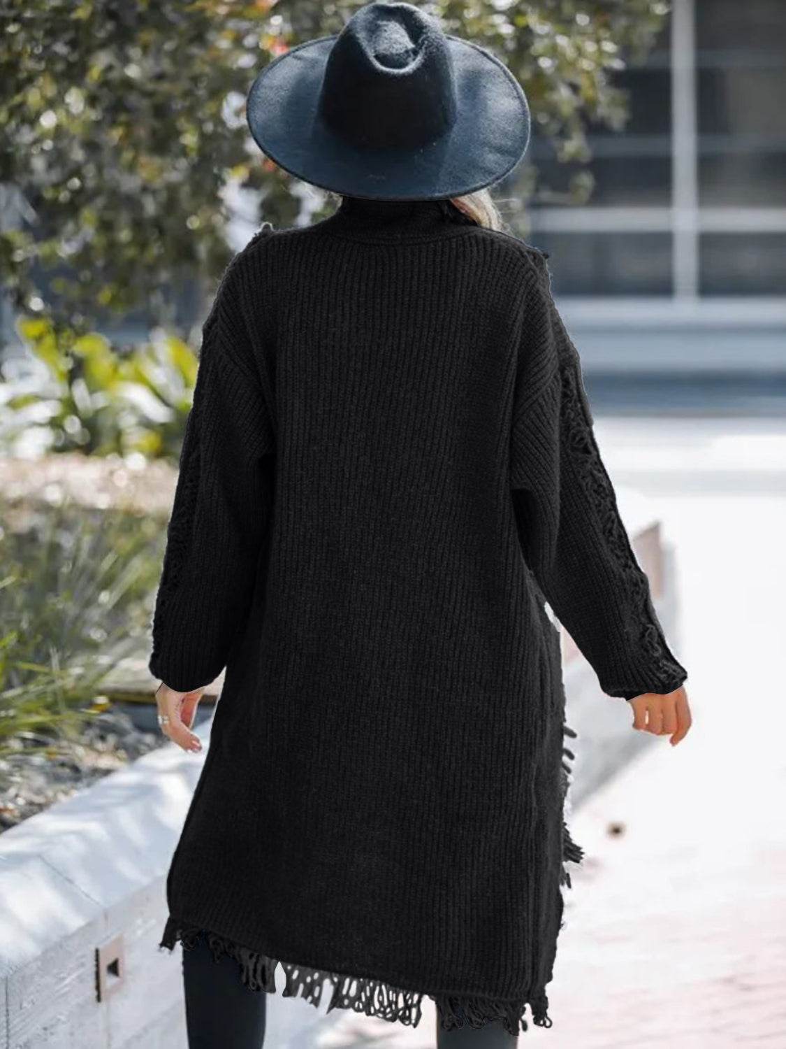 Fringe Open Front Long Sleeve Cardigan - Delanoir