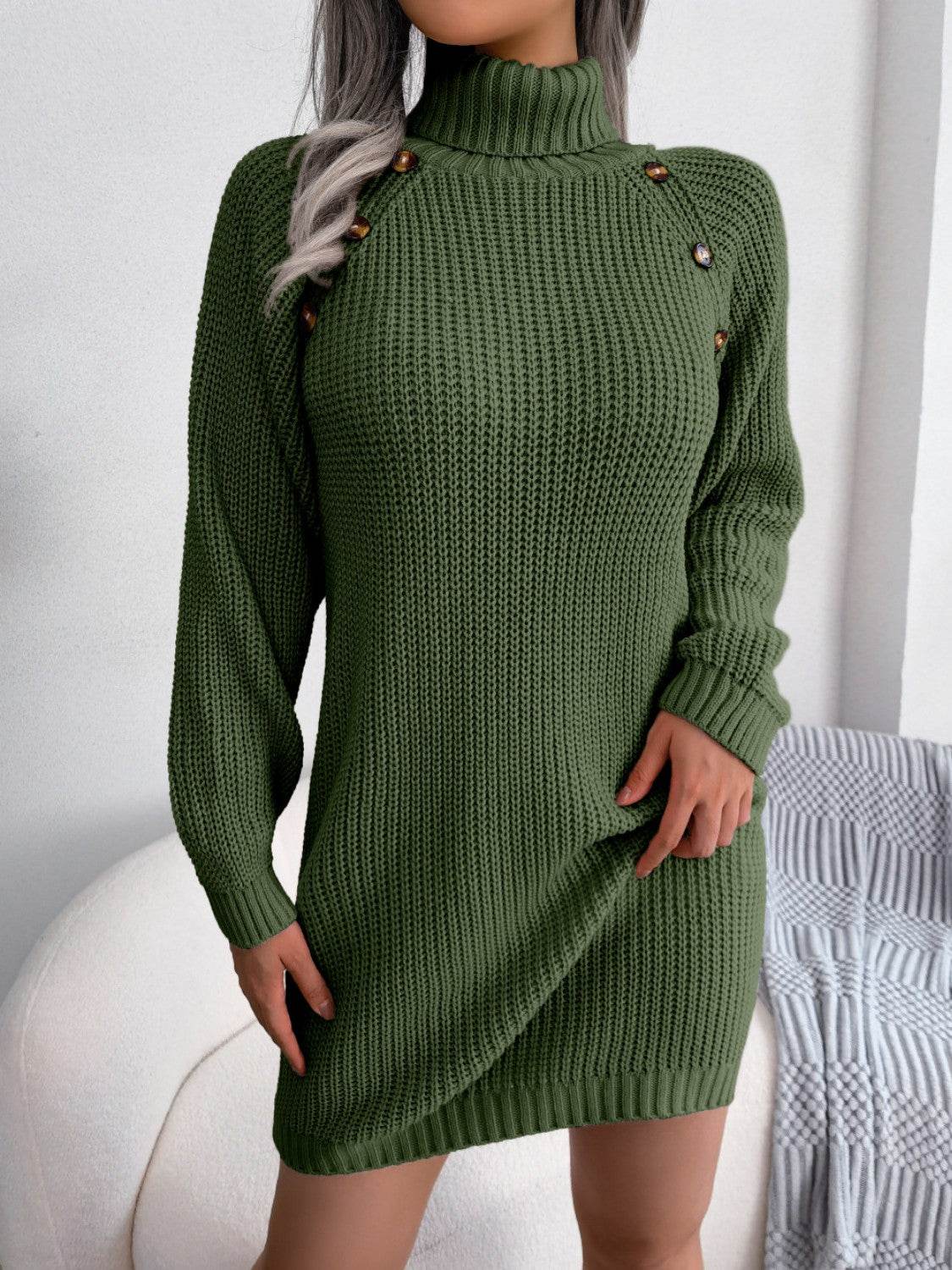 Decorative Button Turtleneck Sweater Dress - Delanoir