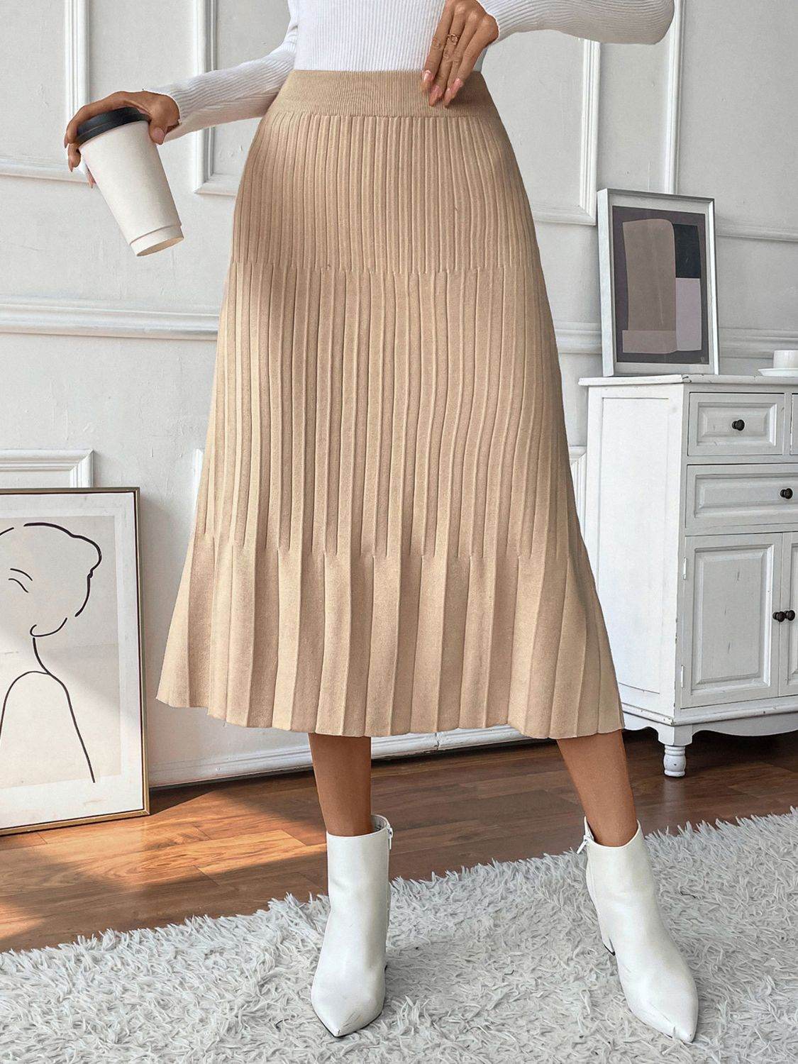 Perfee Pleated Midi Sweater Skirt - Delanoir