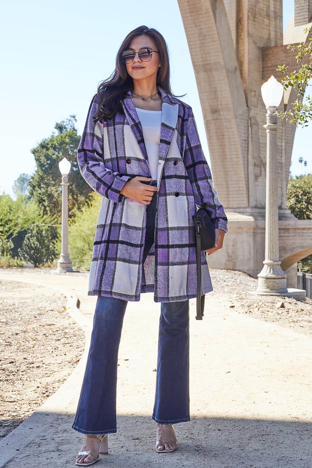 Double Take Full Size Plaid Button Up Lapel Collar Coat - Delanoir