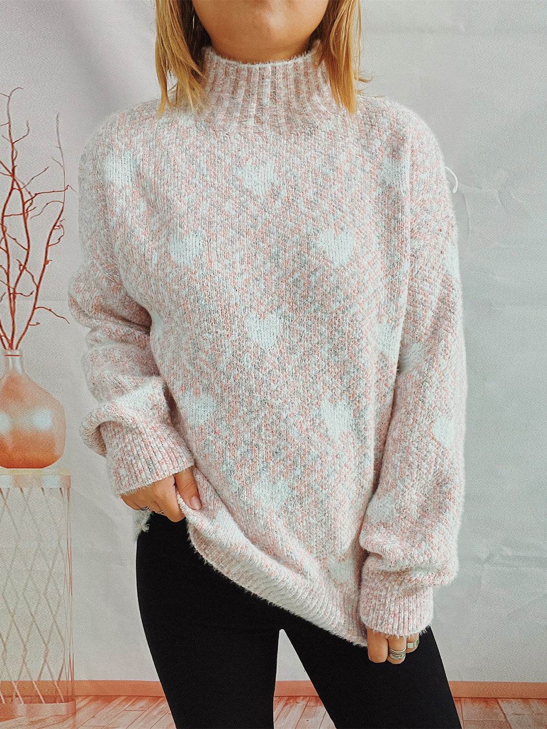 Heart Heathered Turtleneck Drop Shoulder Sweater - Delanoir