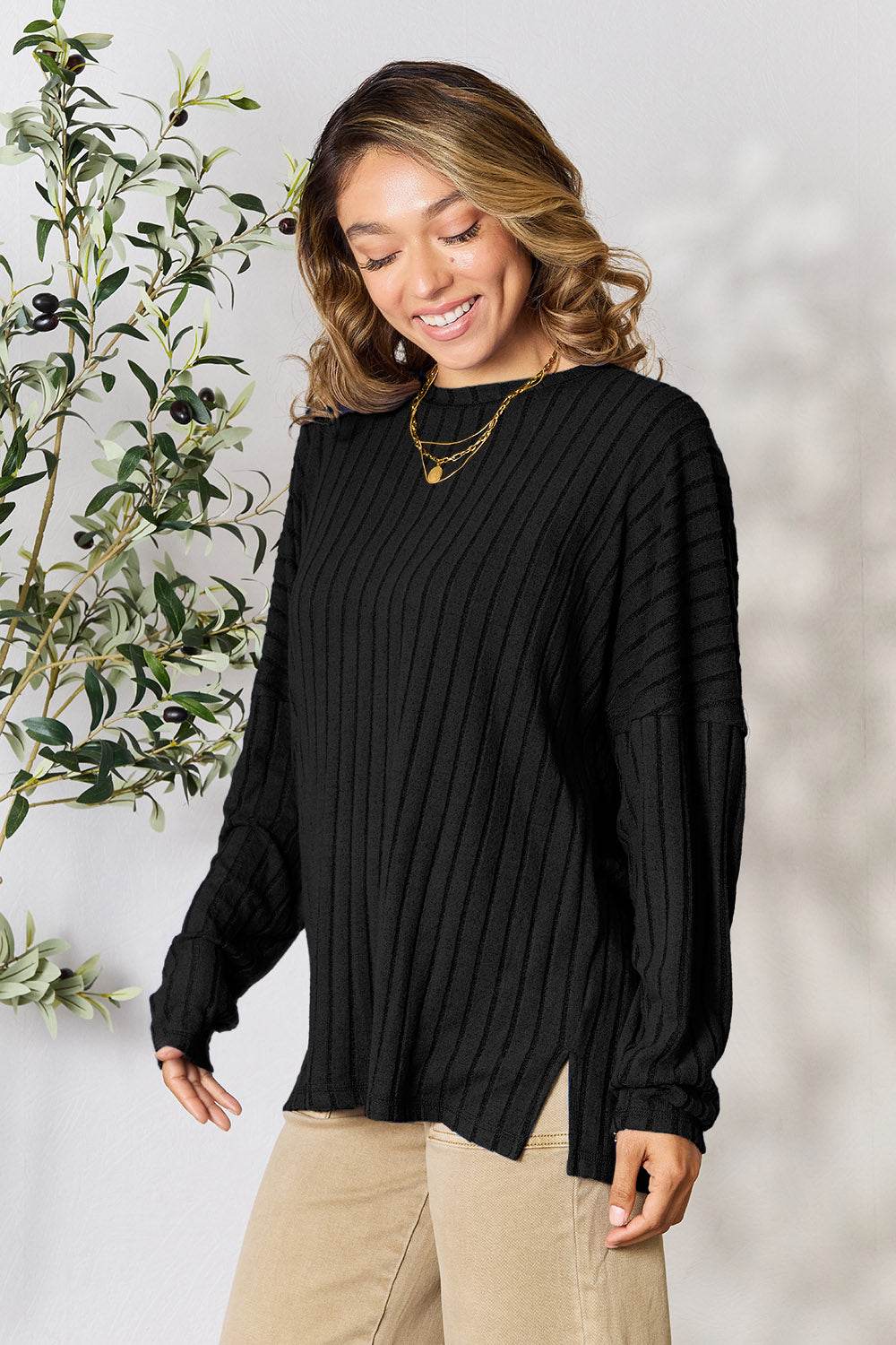 Basic Bae Full Size Ribbed Round Neck Slit Knit Top - Delanoir