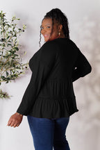 Double Take Half Button Long Sleeve Ruffle Hem Blouse - Delanoir