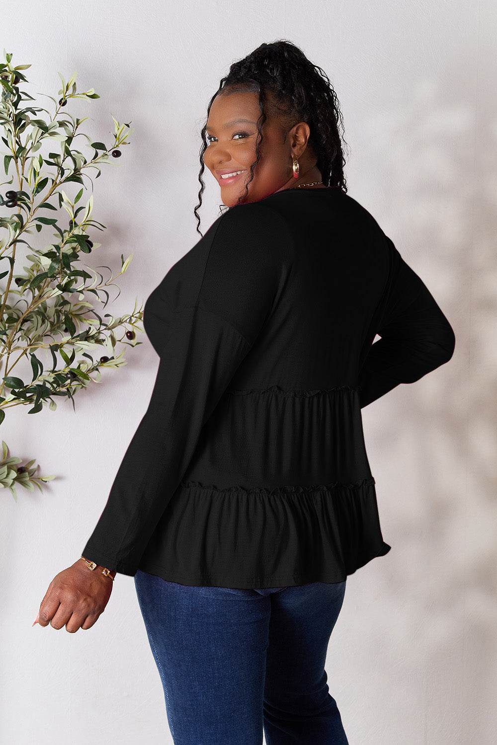 Double Take Half Button Long Sleeve Ruffle Hem Blouse - Delanoir