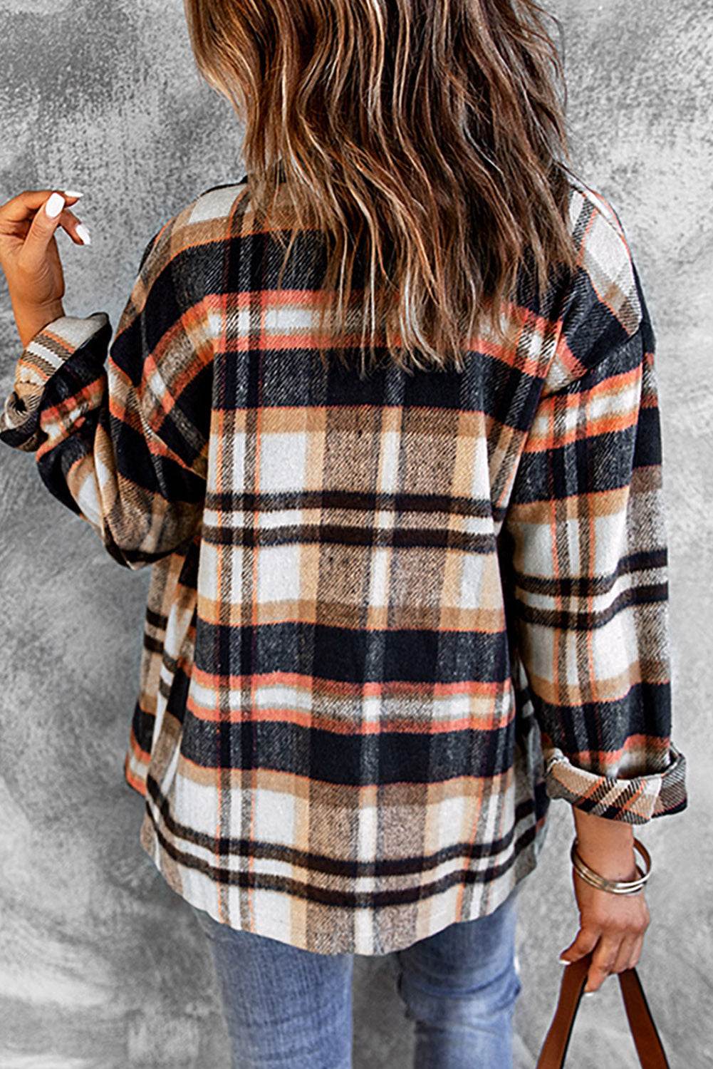 Plaid Button Front Shirt Jacket with Breast Pockets - Delanoir