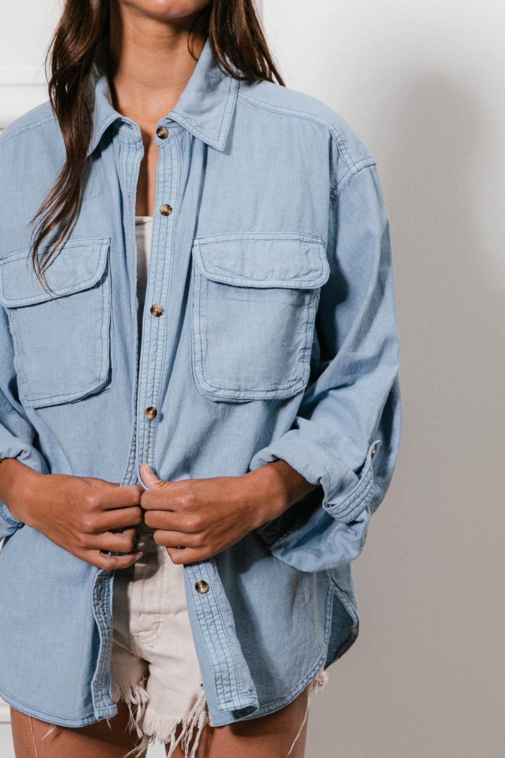 BiBi Button Down Stitch Detail Shirt with Chest Pockets - Delanoir