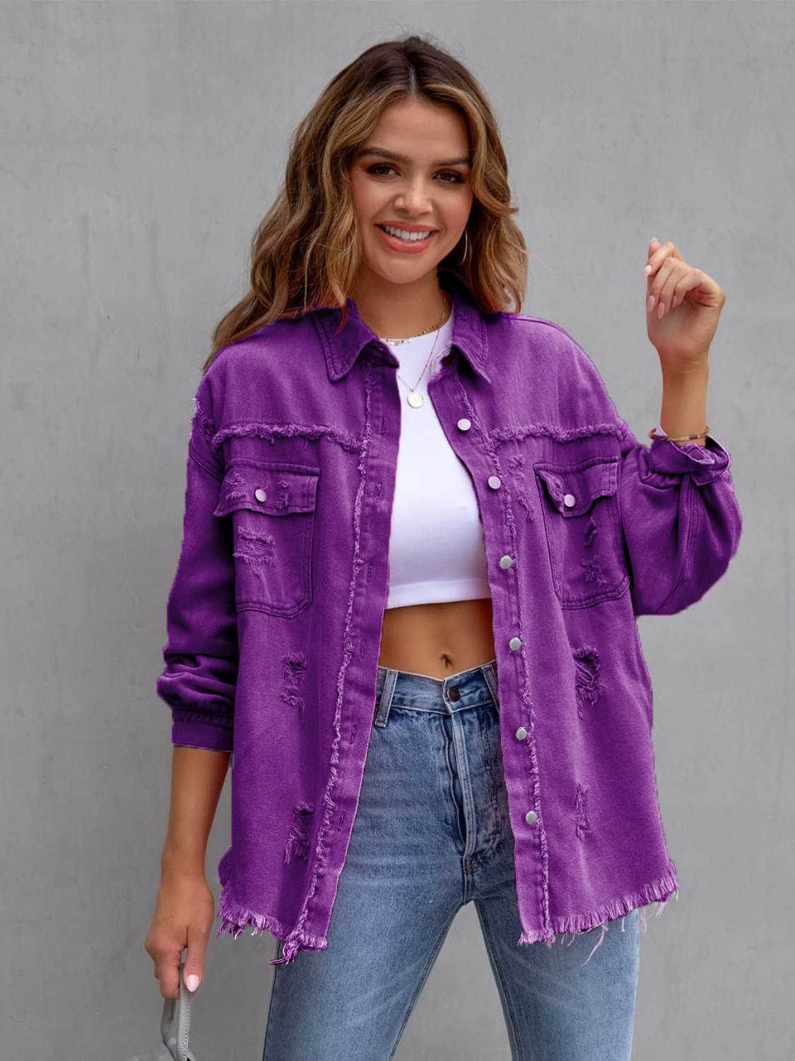 Distressed Drop Shoulder Denim Jacket - Delanoir