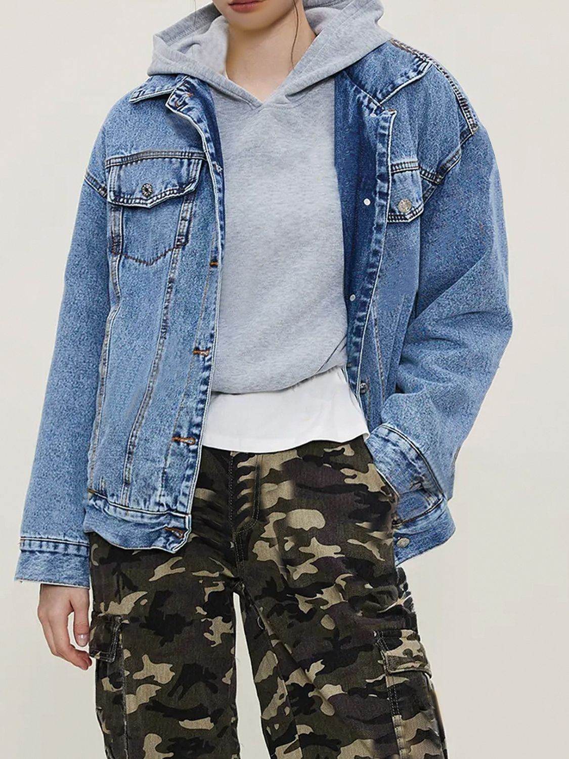 Button Up Collared Neck Long Sleeve Denim Jacket - Delanoir