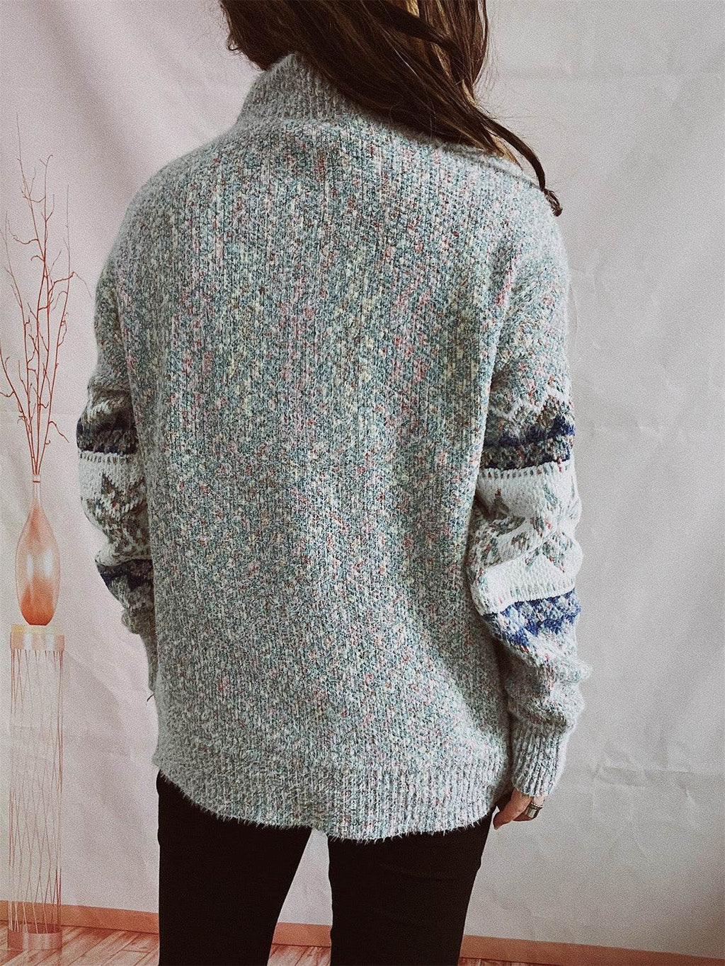 Geometric Mock Neck Dropped Shoulder Sweater - Delanoir