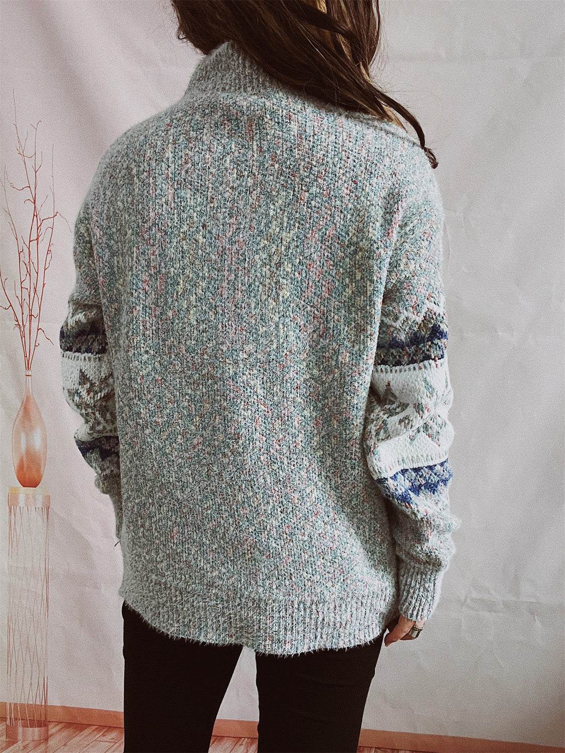 Geometric Mock Neck Dropped Shoulder Sweater - Delanoir