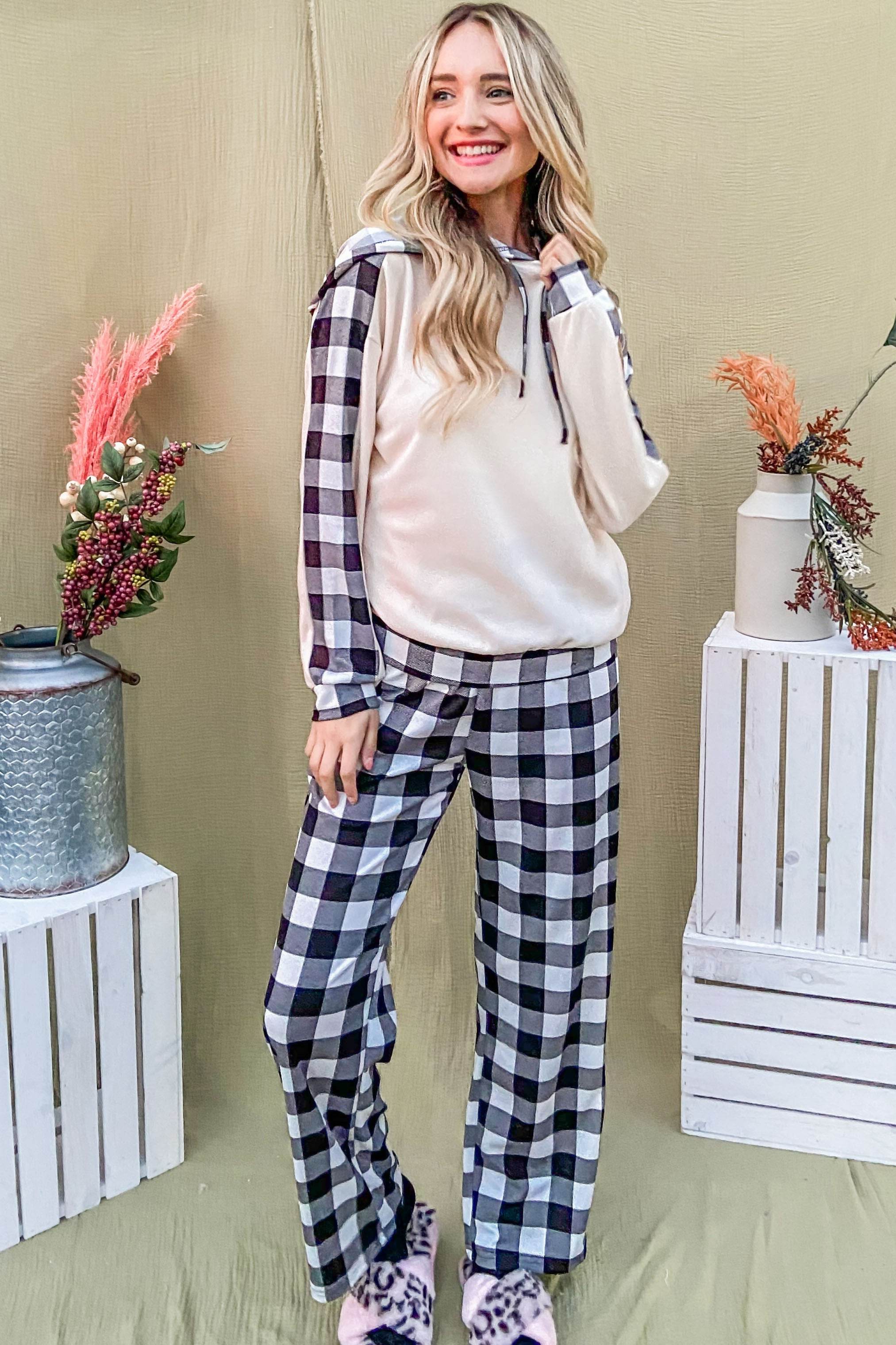 And The Why Drawstring Hooded Top and Plaid Pants Lounge Set - Delanoir