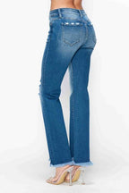 bytos Full Size Raw Hem Distressed Mid Rise Straight Jeans - Delanoir