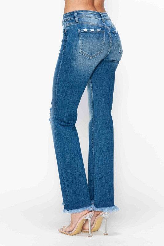 bytos Full Size Raw Hem Distressed Mid Rise Straight Jeans - Delanoir