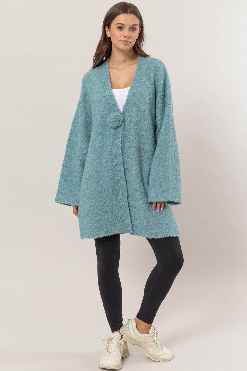 HYFVE Front Rosette Longline Slit Sweater Cardigan - Delanoir