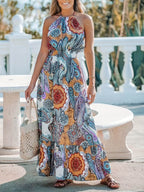 Printed Halter Neck Maxi Dress - Delanoir