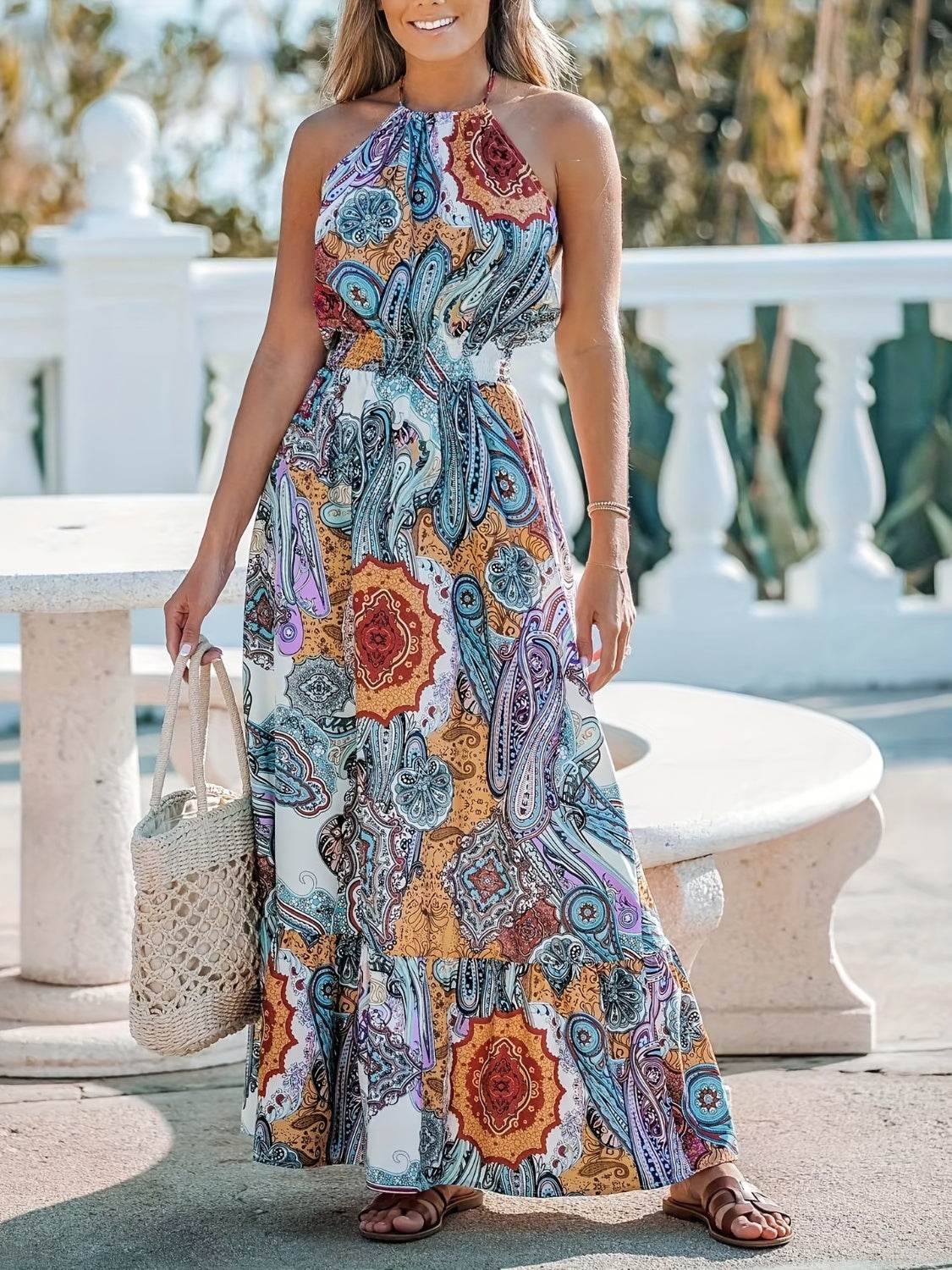Printed Halter Neck Maxi Dress - Delanoir