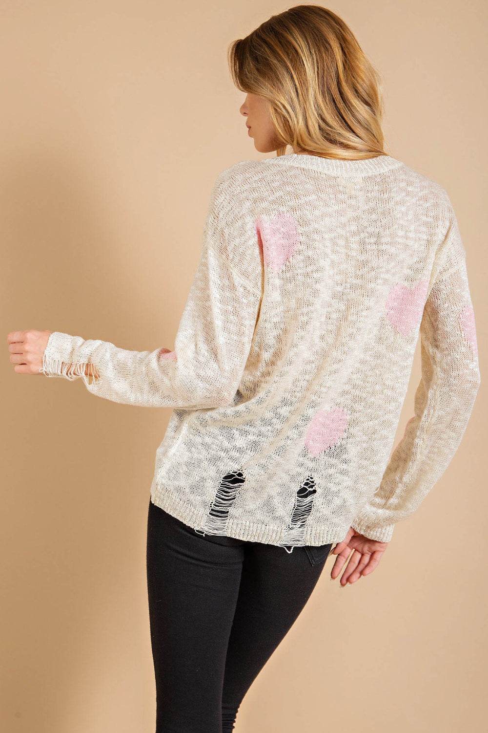 Kori America Heart Pattern Distressed Sweater - Delanoir