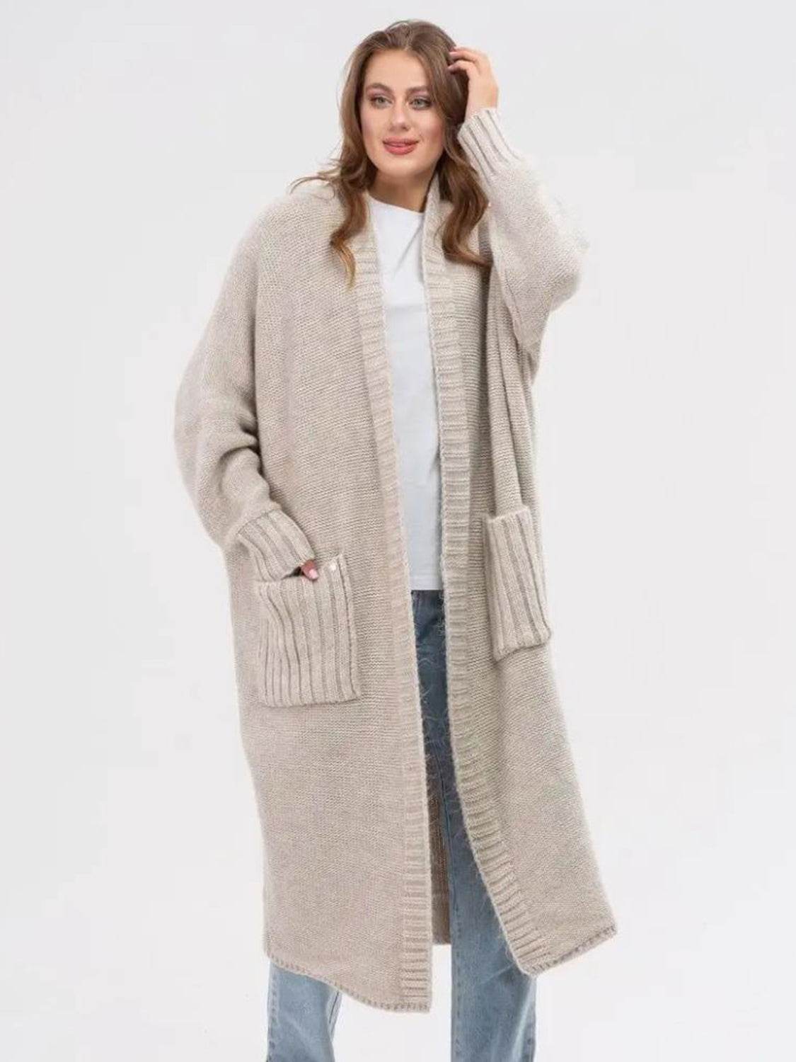 Pocketed Open Front Long Sleeve Longline Cardigan - Delanoir