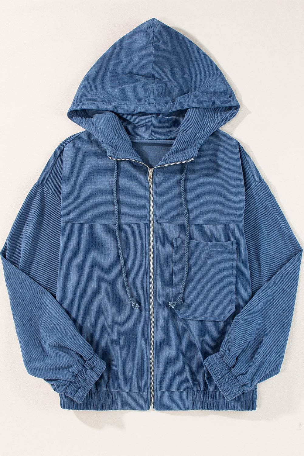 Pocketed Zip Up Long Sleeve Hooded Jacket - Delanoir
