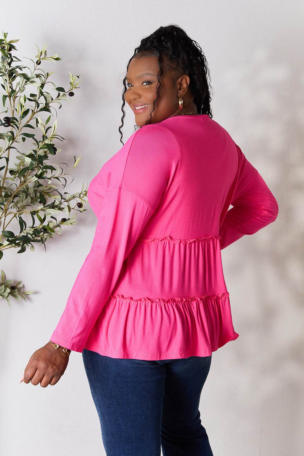Double Take Half Button Long Sleeve Ruffle Hem Blouse - Delanoir