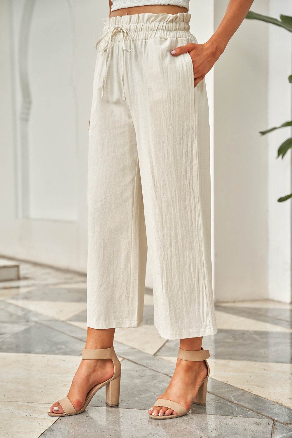 Drawstring Paperbag Waist Wide Leg Pants - Delanoir