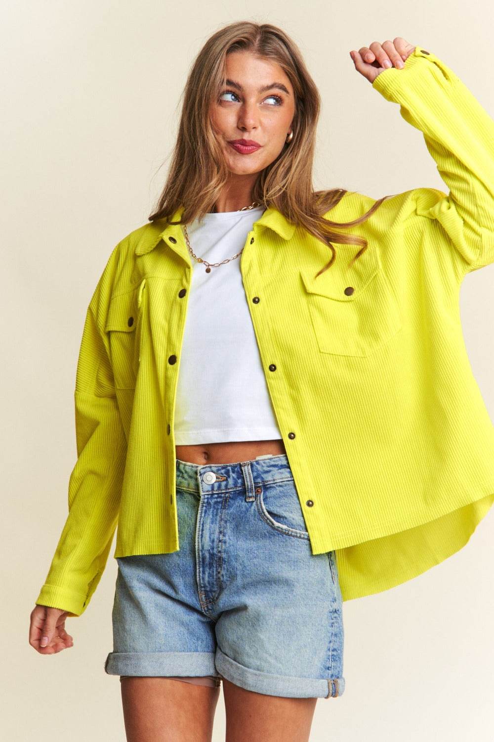 J.NNA Snap Down Long Sleeve High Low Shacket - Delanoir