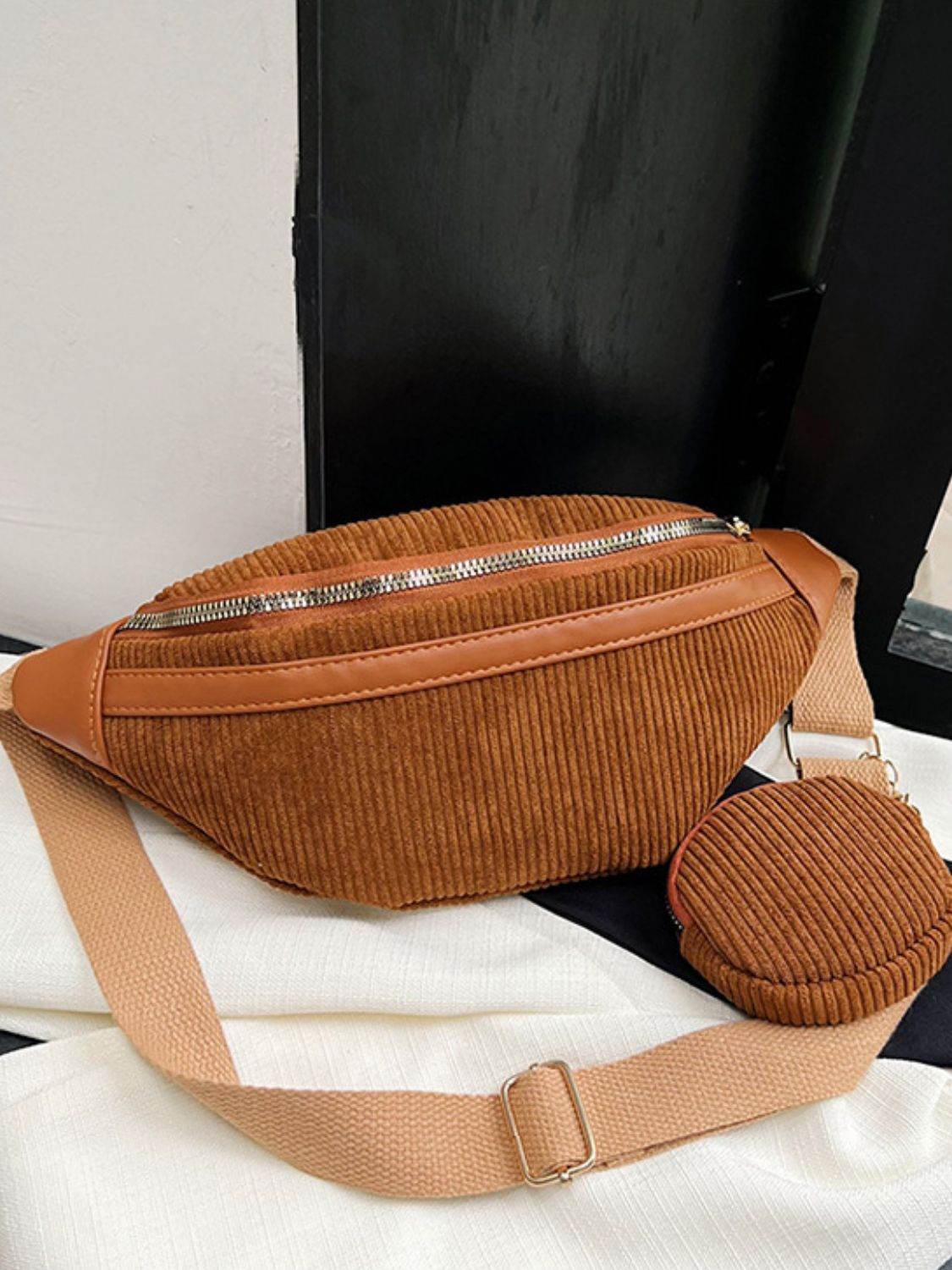 Corduroy Adjustable Strap Crossbody Bag with Pouch - Delanoir