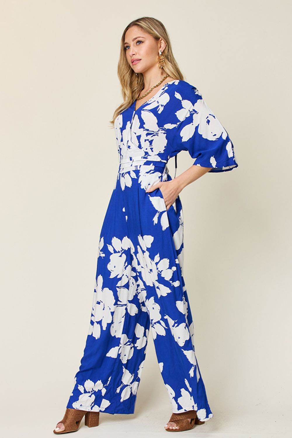 Double Take Full Size Printed Tie Back Wide Leg Jumpsuit - Delanoir