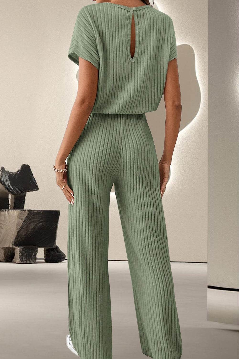 Round Neck Short Sleeve Jumpsuit - Delanoir