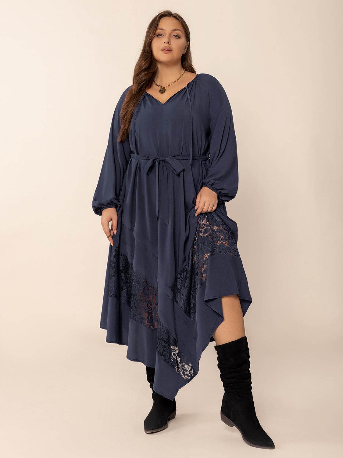 Plus Size Lace Detail Tie Neck Long Sleeve Midi Dress - Delanoir