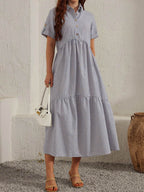 Striped Collared Neck Short Sleeve Dress - Delanoir