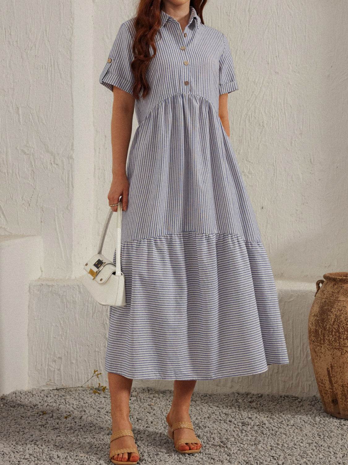 Striped Collared Neck Short Sleeve Dress - Delanoir