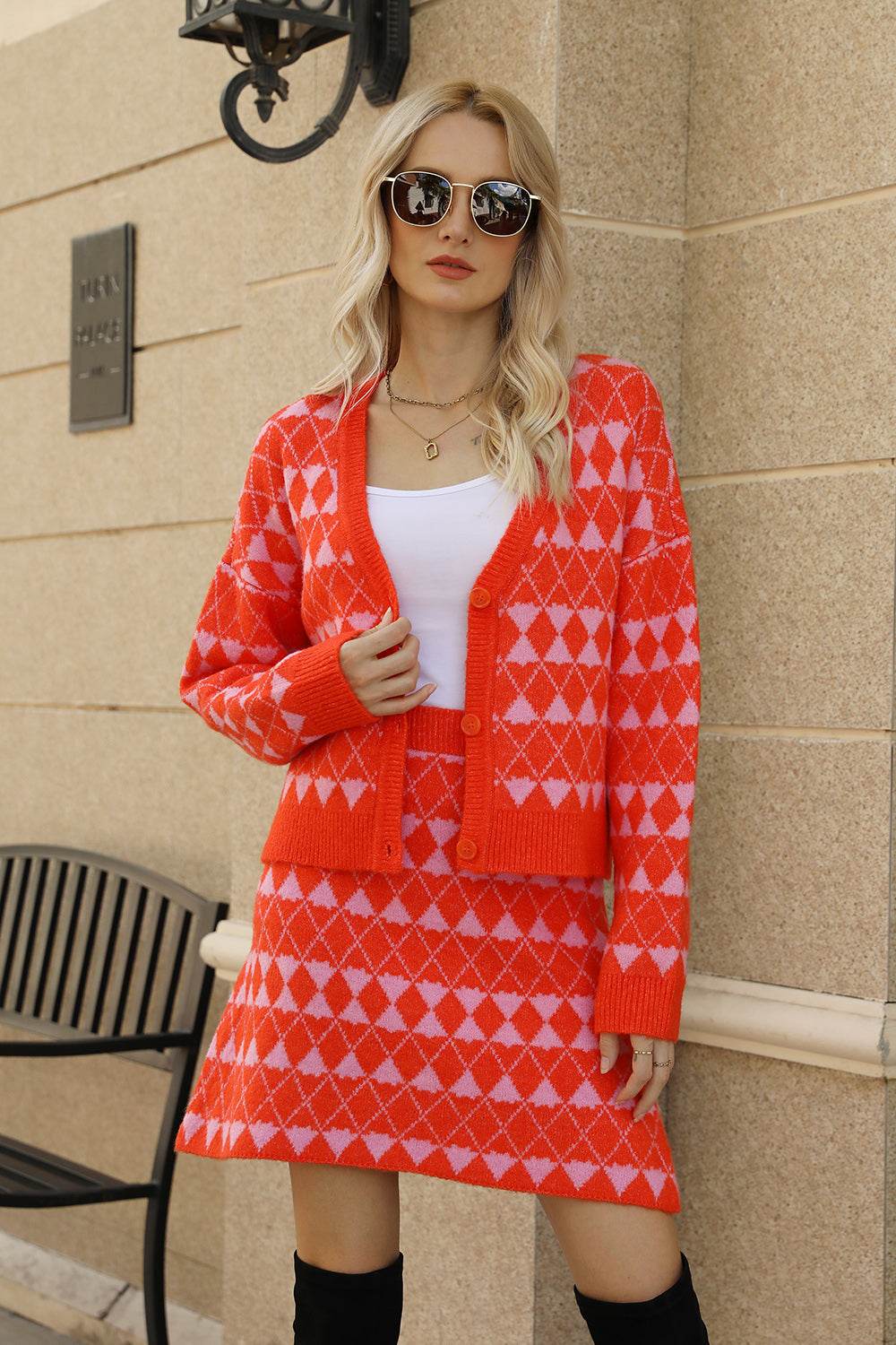 Geometric Button Front Cardigan and Skirt Set - Delanoir
