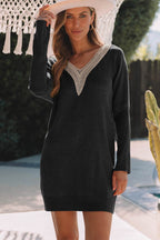 V-Neck Long Sleeve Mini Sweater Dress - Delanoir