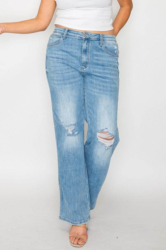 bytos Full Size Distressed High Rise Straight Jeans - Delanoir