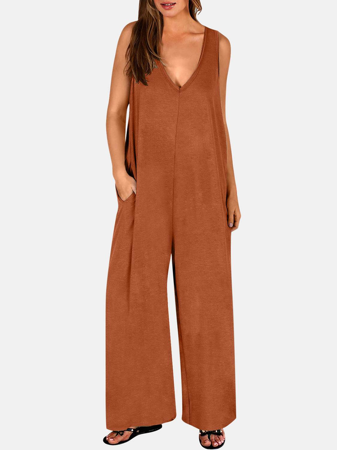 Full Size V-Neck Wide Strap Jumpsuit - Delanoir