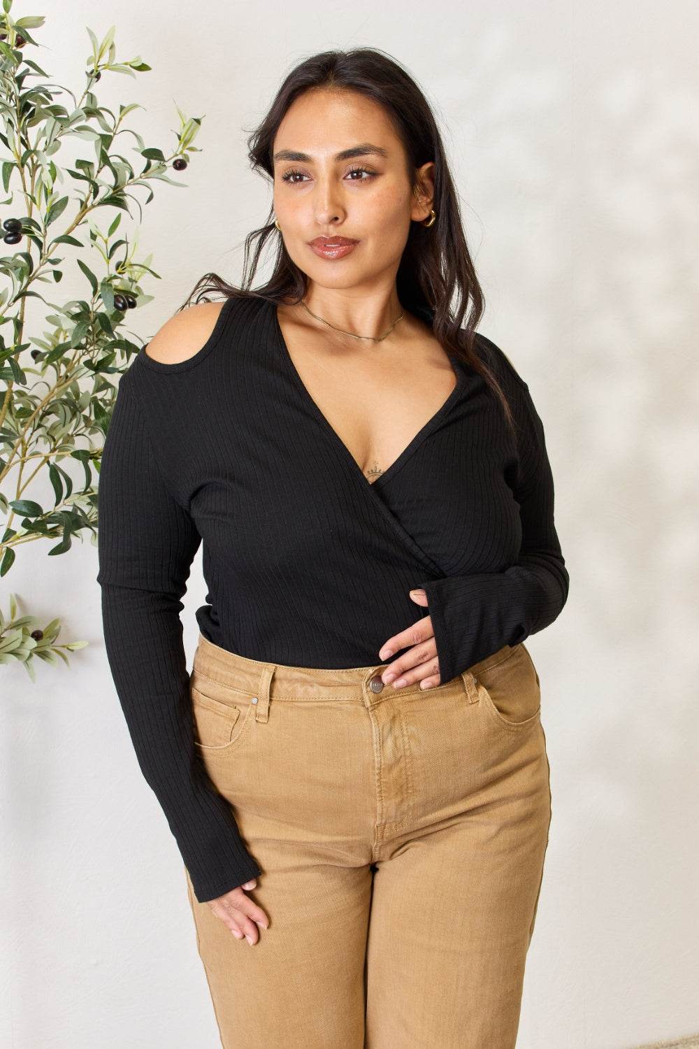 Culture Code Full Size Ribbed Surplice Cold Shoulder Top - Delanoir