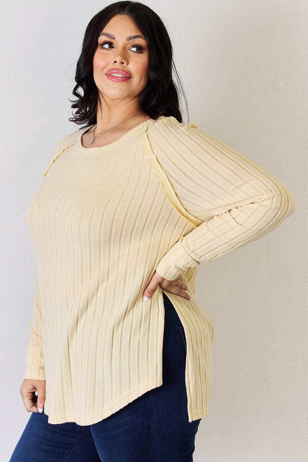 Basic Bae Full Size Ribbed Round Neck Slit T-Shirt - Delanoir