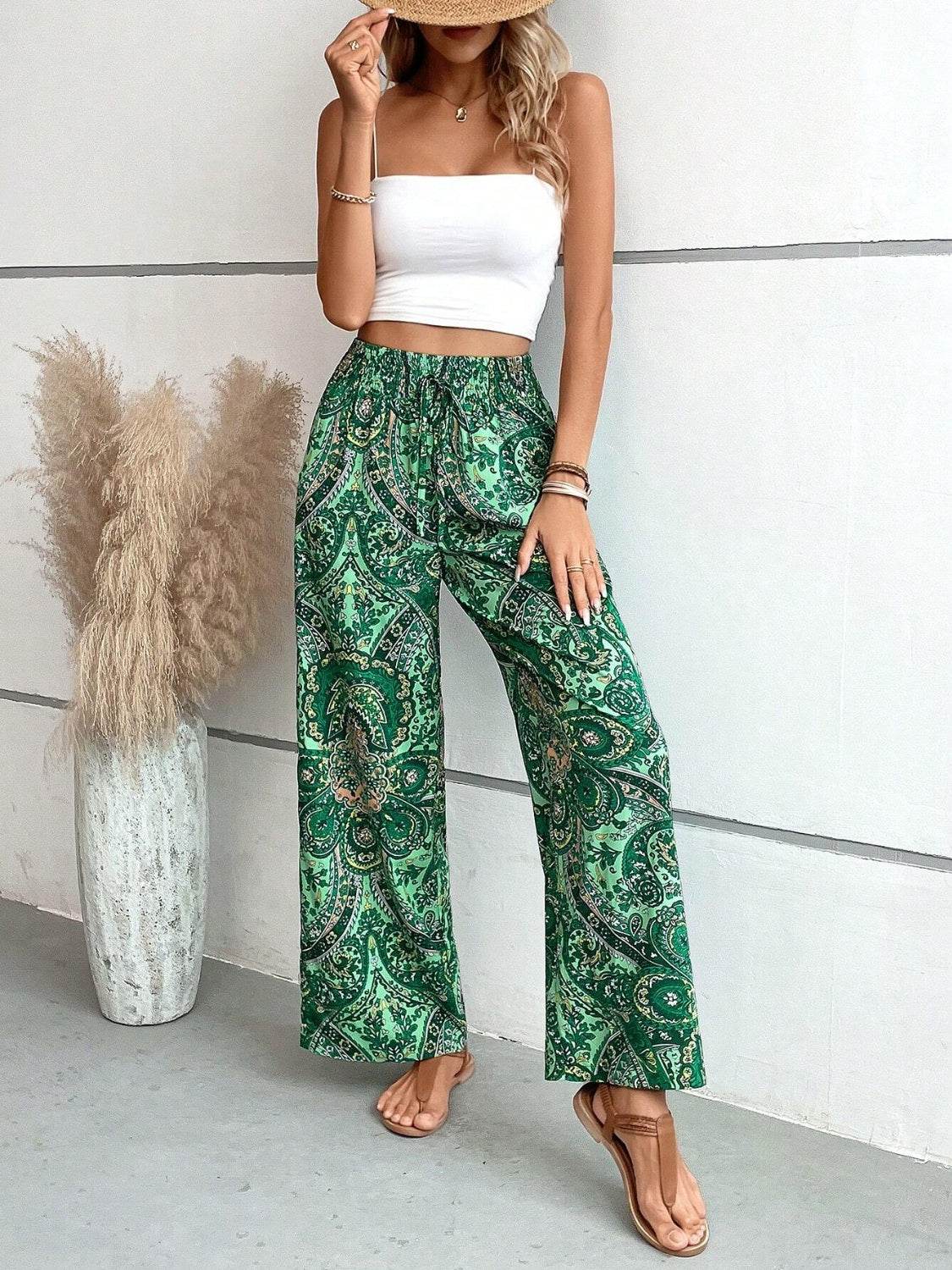 Printed Wide Leg Pants - Delanoir