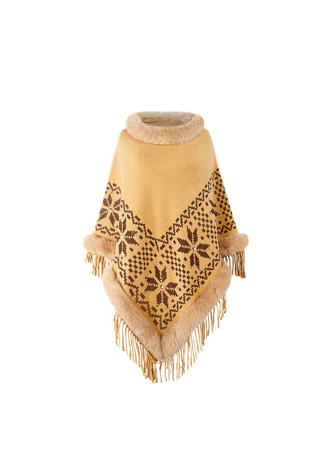 Fringe Geometric Cape Sleeve Poncho - Delanoir