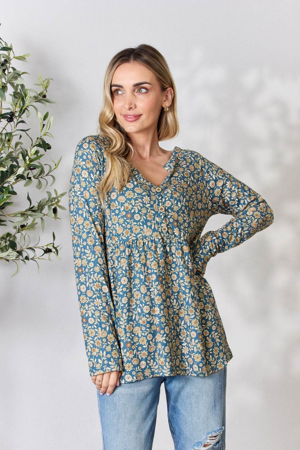 Heimish Full Size Floral Half Button Long Sleeve Blouse - Delanoir