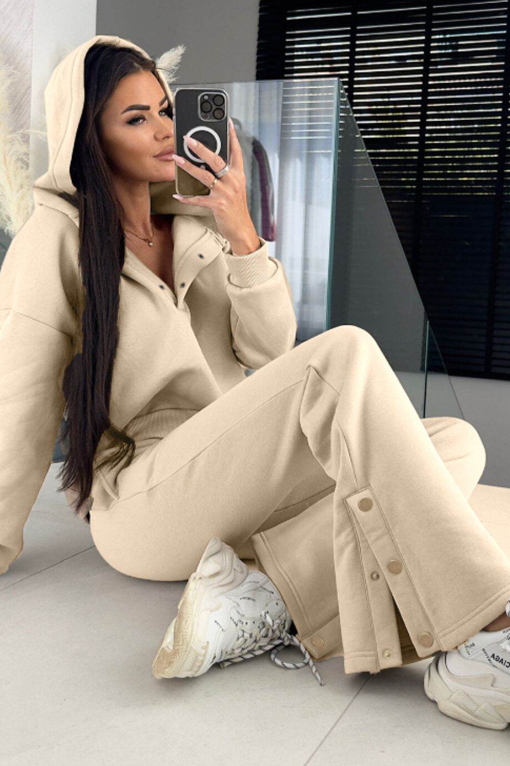 Half Snap Long Sleeve Hooded Top and Pants Set - Delanoir