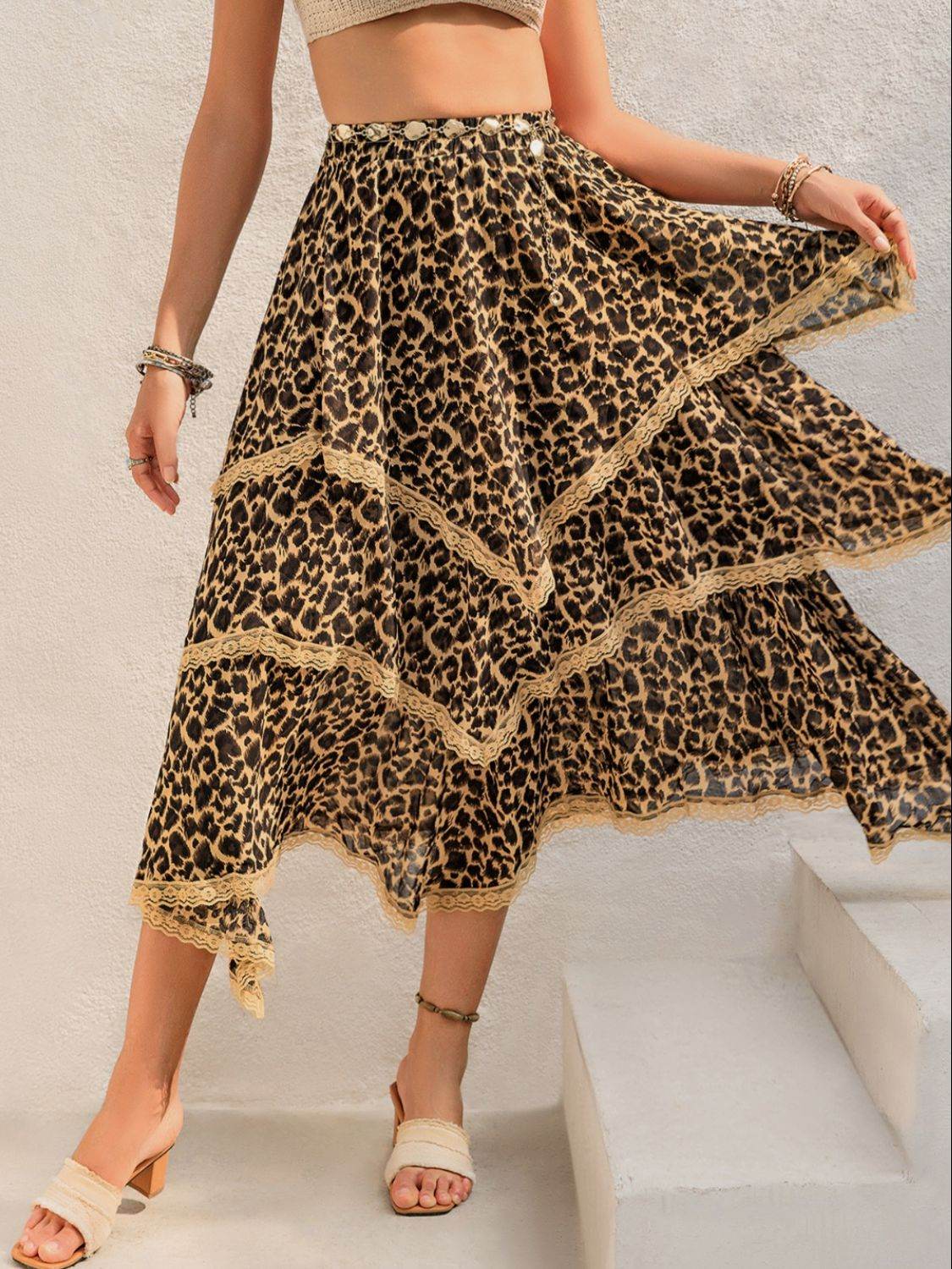 Lace Detail Layered Printed Skirt - Delanoir
