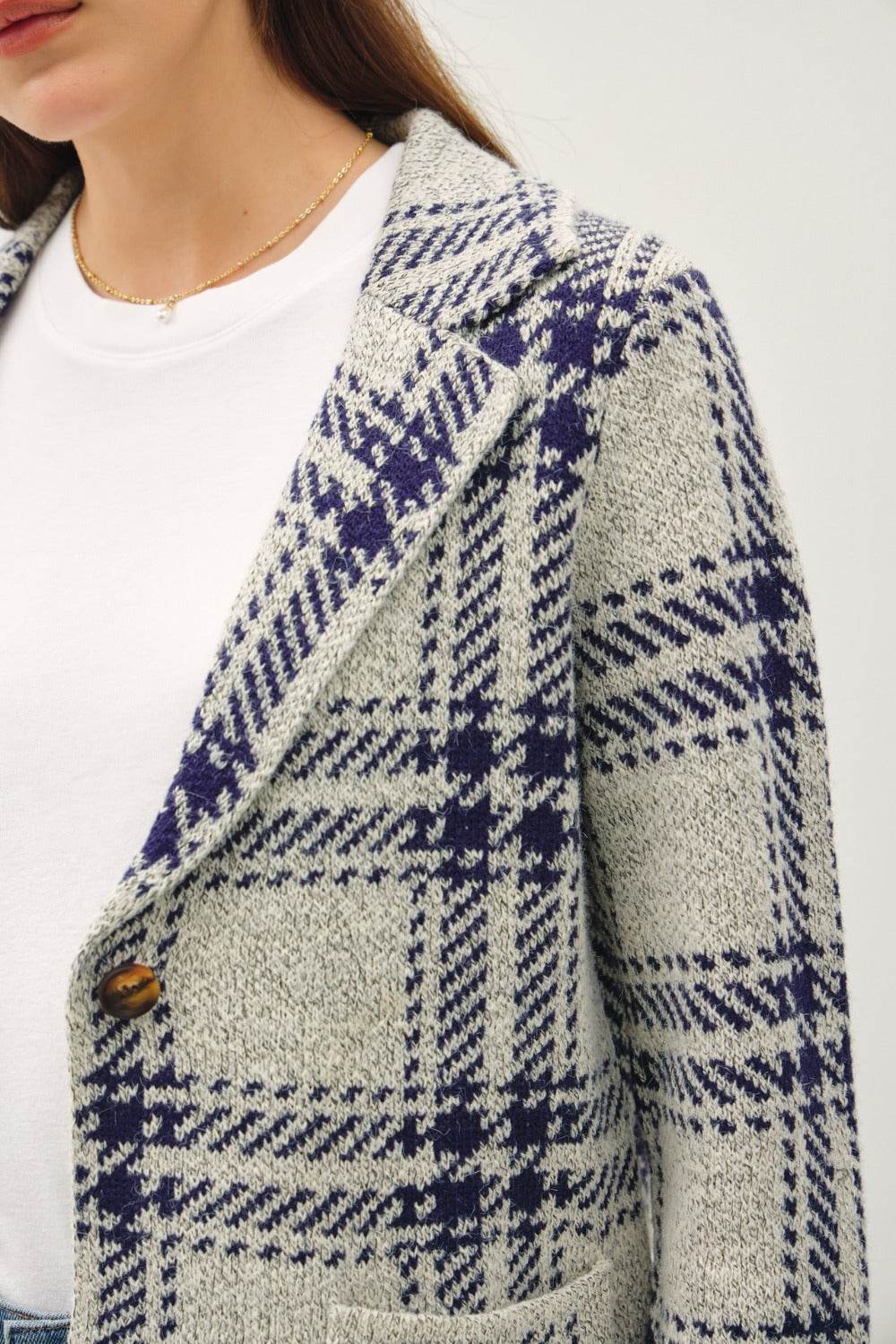 Be Cool Plaid Long Sleeve Sweater Jacket with Front Patch Pockets - Delanoir