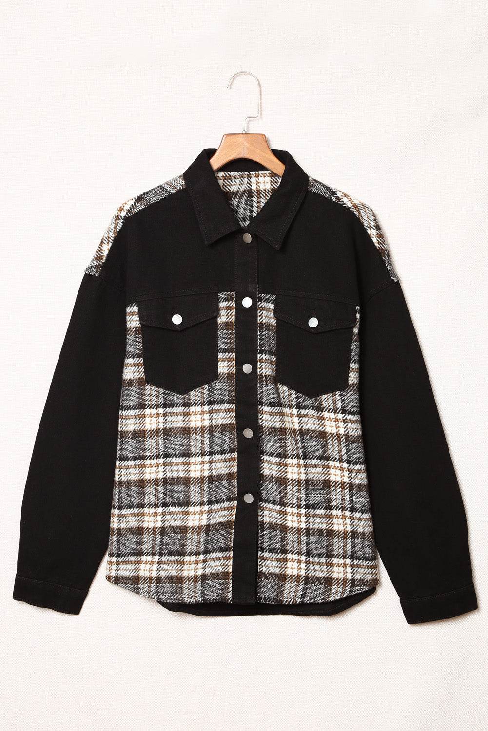 Plaid Pocketed Button Up Denim Jacket - Delanoir