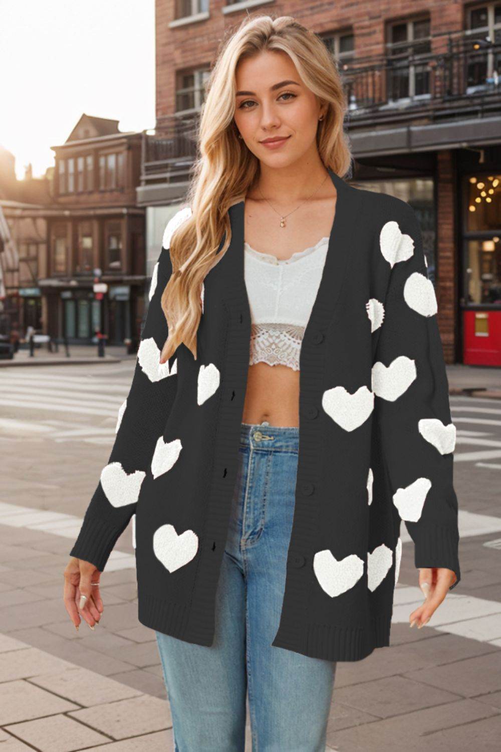 Heart Button Down Long Sleeve Cardigan - Delanoir