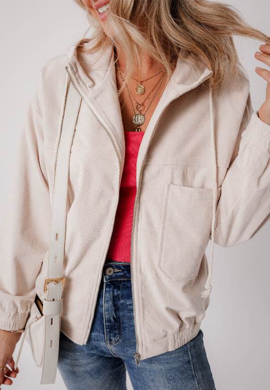 Pocketed Zip Up Long Sleeve Hooded Jacket - Delanoir